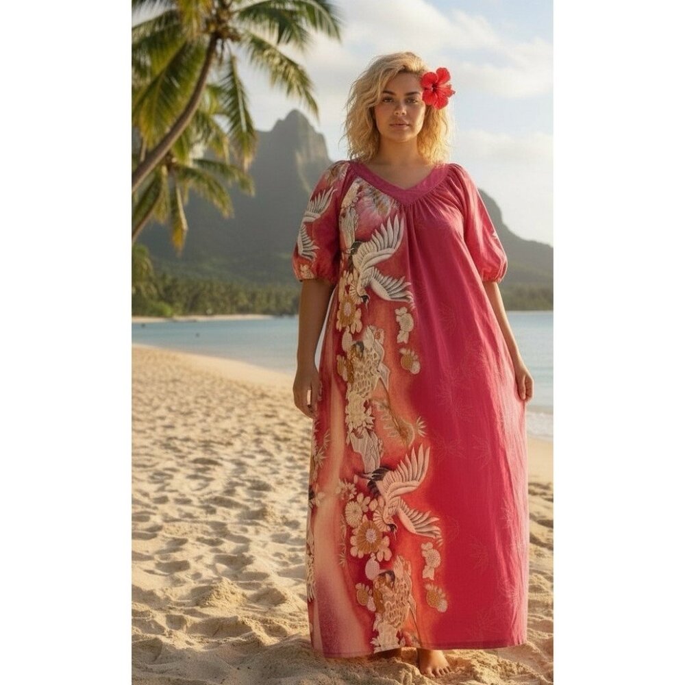 Sidan Hawaii Vintage Maxi Dress Hawaiian Floral MuuMuu  Sz L Bird of Paradise